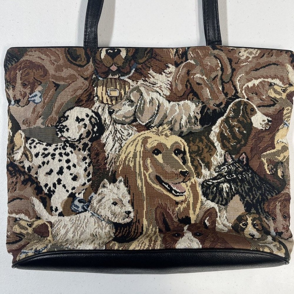Vintage Tapestry Dog Print Tote Shoulder Bag Genuine Leather Handle